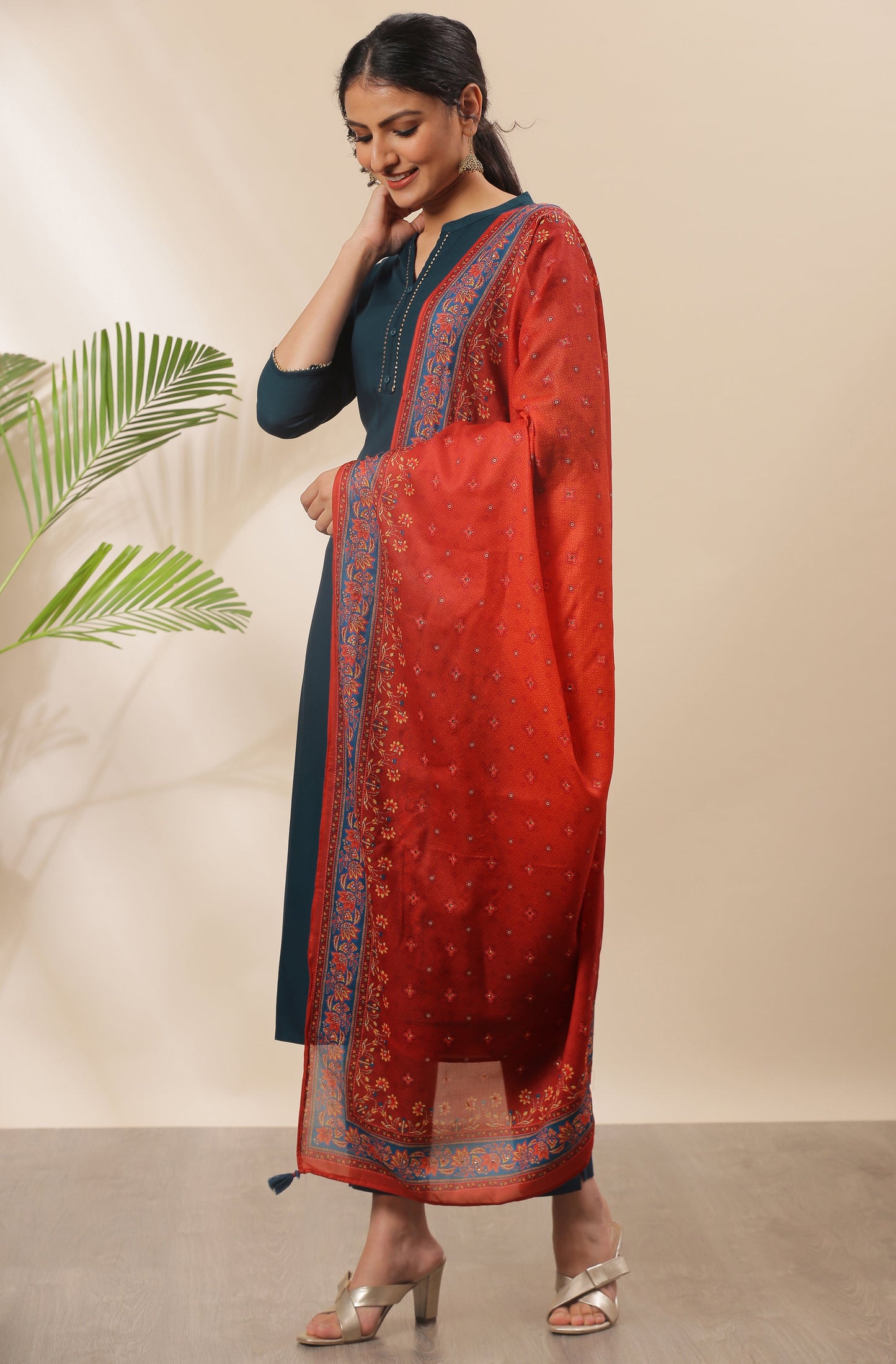 Janasya Women's Teal Rayon Solid Kurta With Pant And Dupatta | Swadesiicart