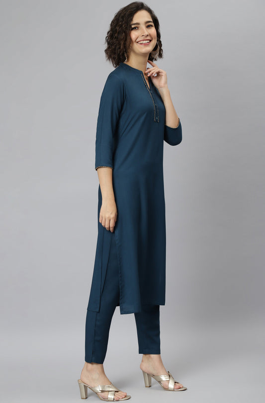 Janasya Women's Teal Rayon Solid Kurta With Pant And Dupatta | Swadesiicart