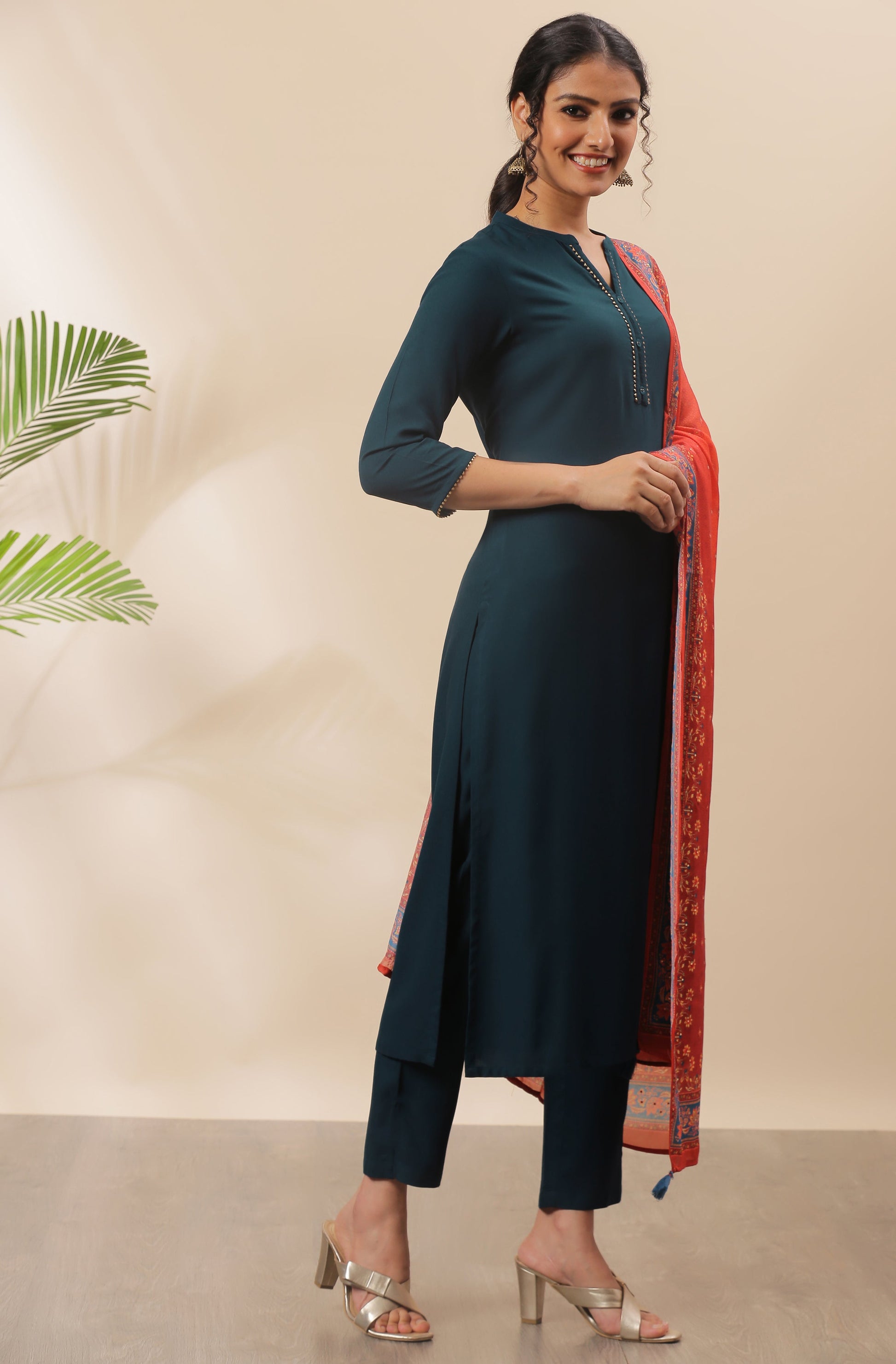 Janasya Women's Teal Rayon Solid Kurta With Pant And Dupatta | Swadesiicart