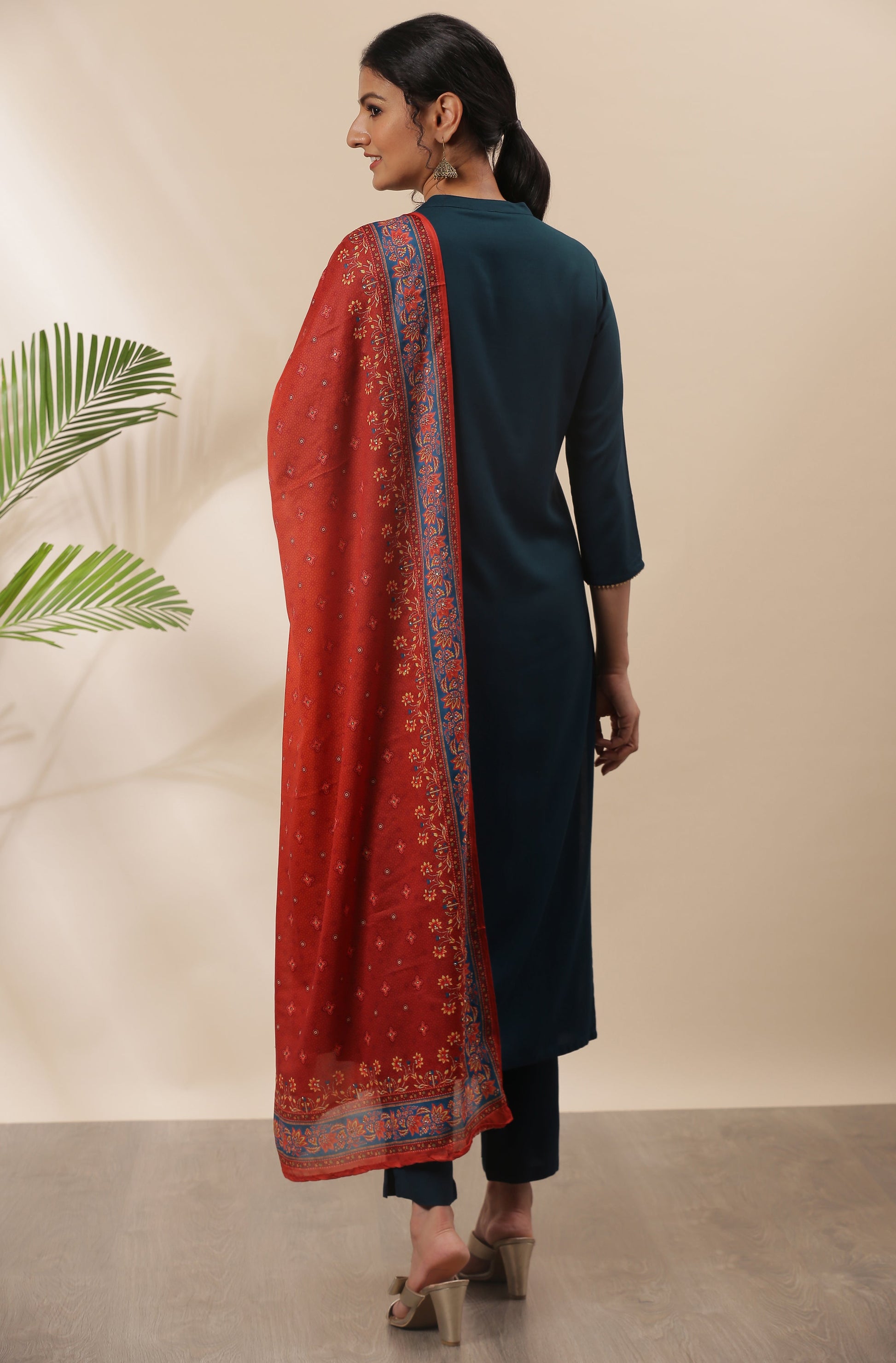 Janasya Women's Teal Rayon Solid Kurta With Pant And Dupatta | Swadesiicart