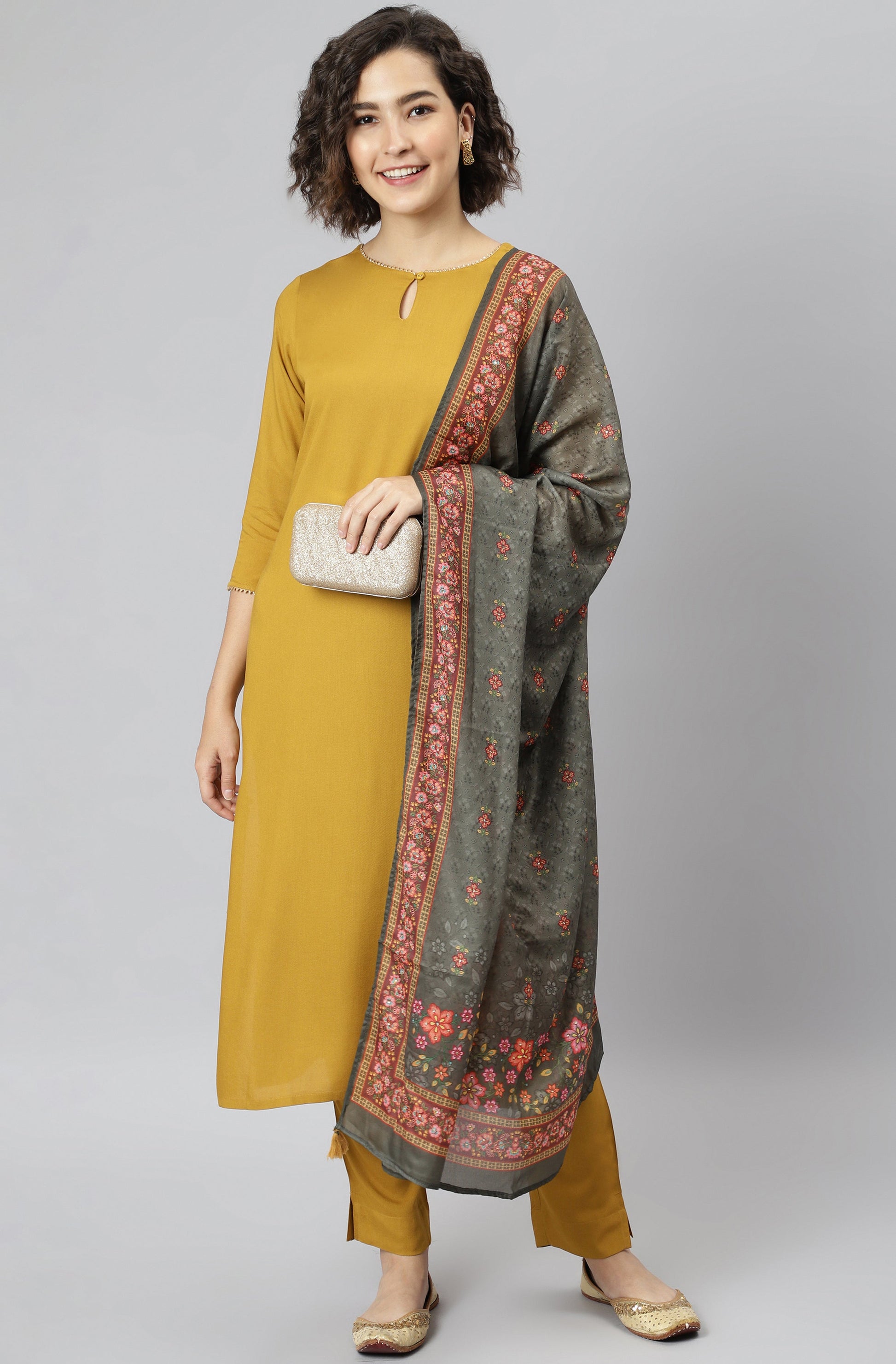 Janasya Women's Mustard Rayon Solid Kurta With Pant And Dupatta | Swadesiicart