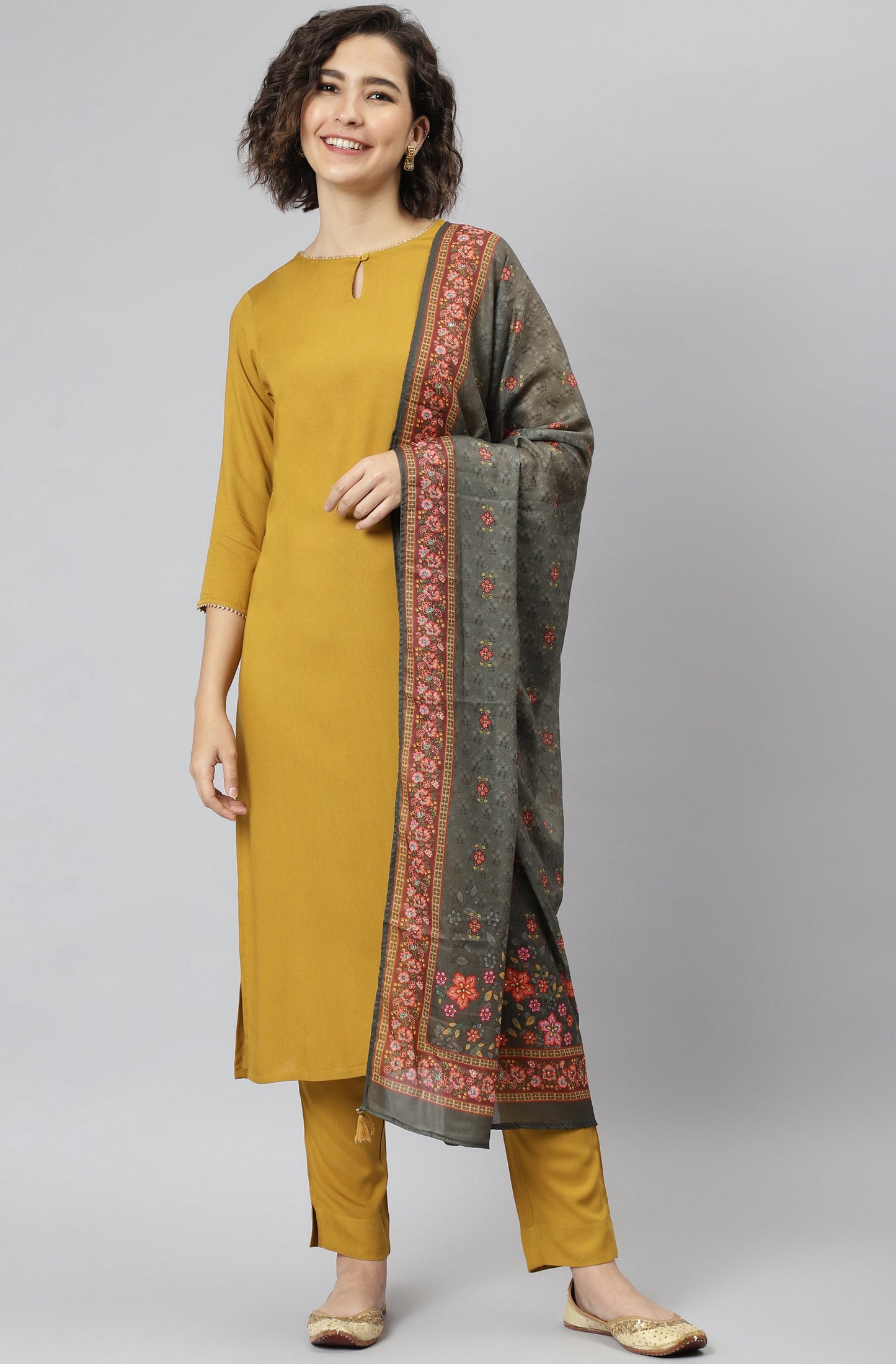 Janasya Women's Mustard Rayon Solid Kurta With Pant And Dupatta | Swadesiicart