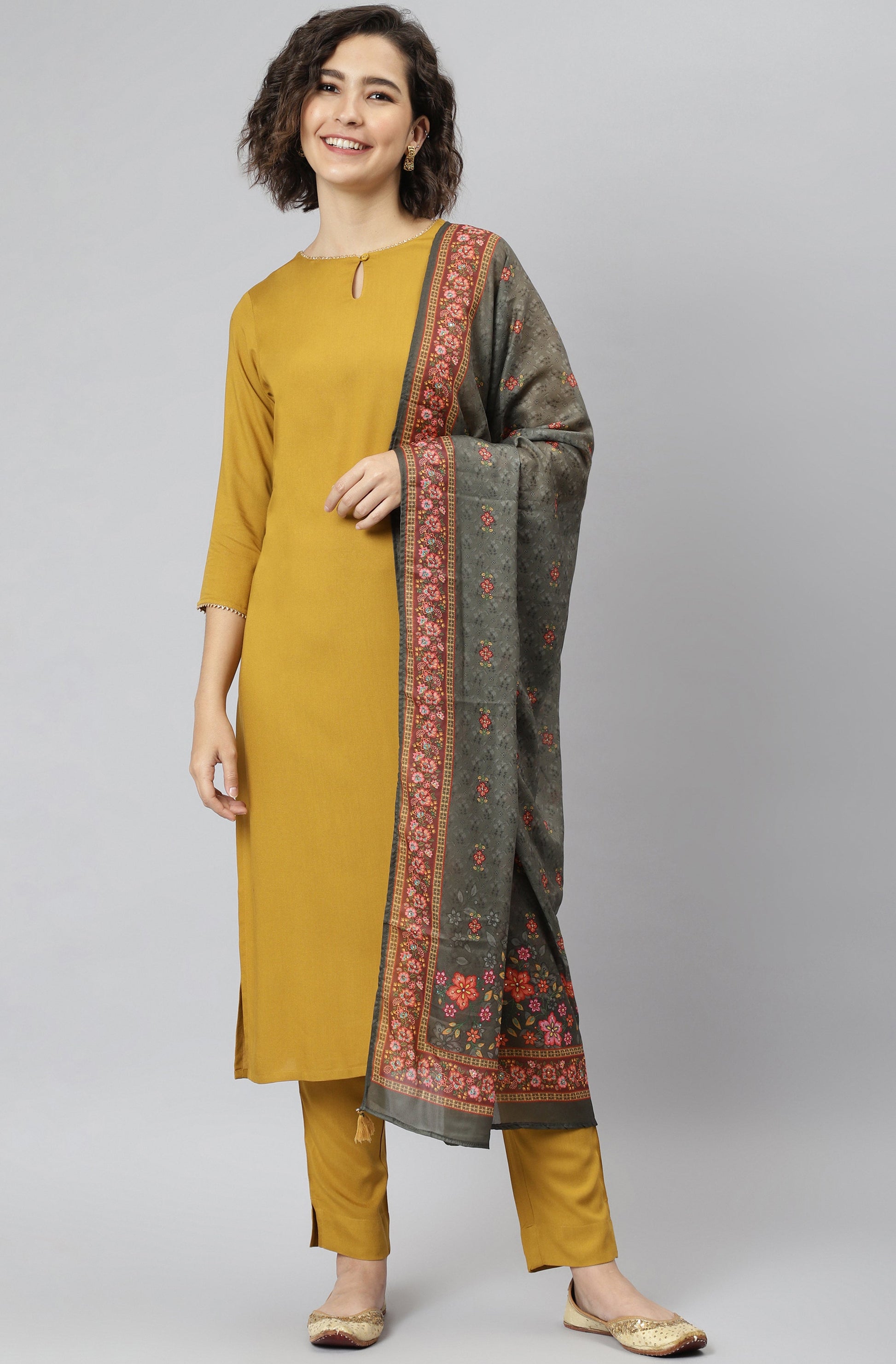 Janasya Women's Mustard Rayon Solid Kurta With Pant And Dupatta | Swadesiicart