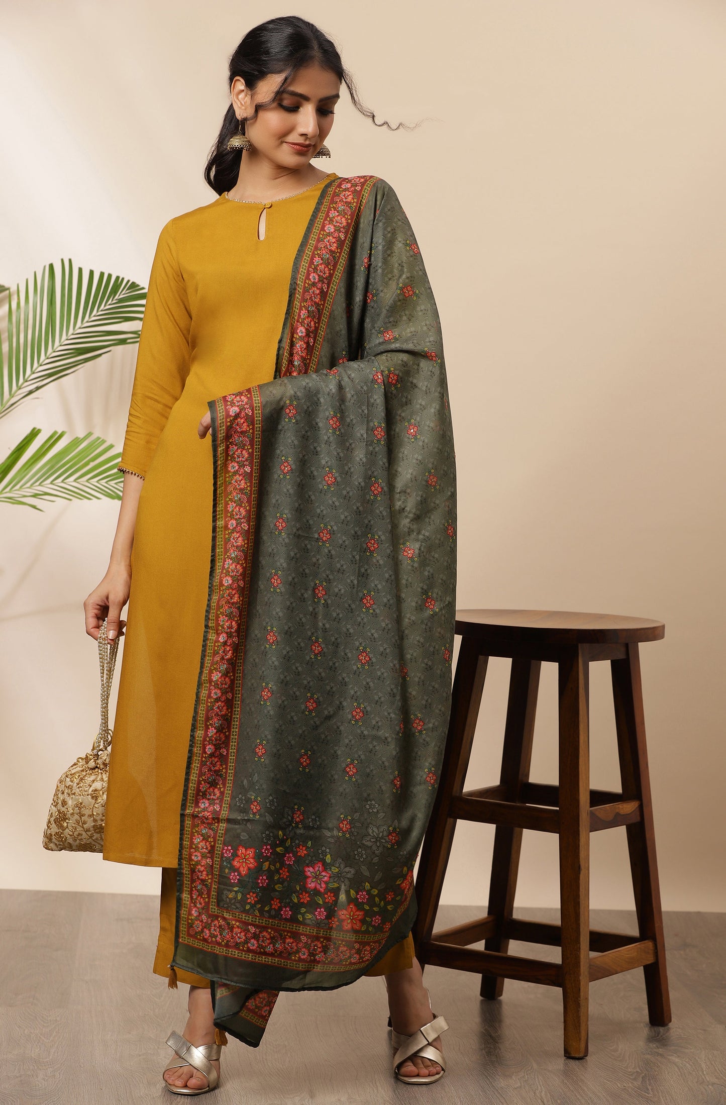 Janasya Women's Mustard Rayon Solid Kurta With Pant And Dupatta | Swadesiicart