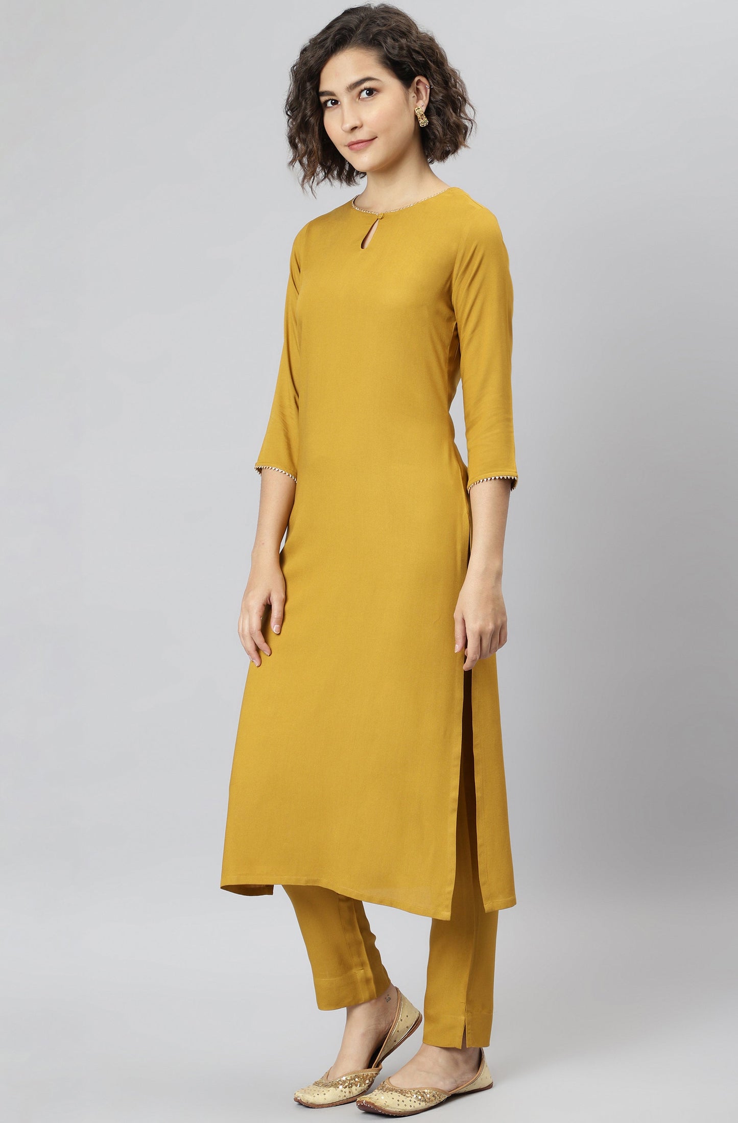 Janasya Women's Mustard Rayon Solid Kurta With Pant And Dupatta | Swadesiicart