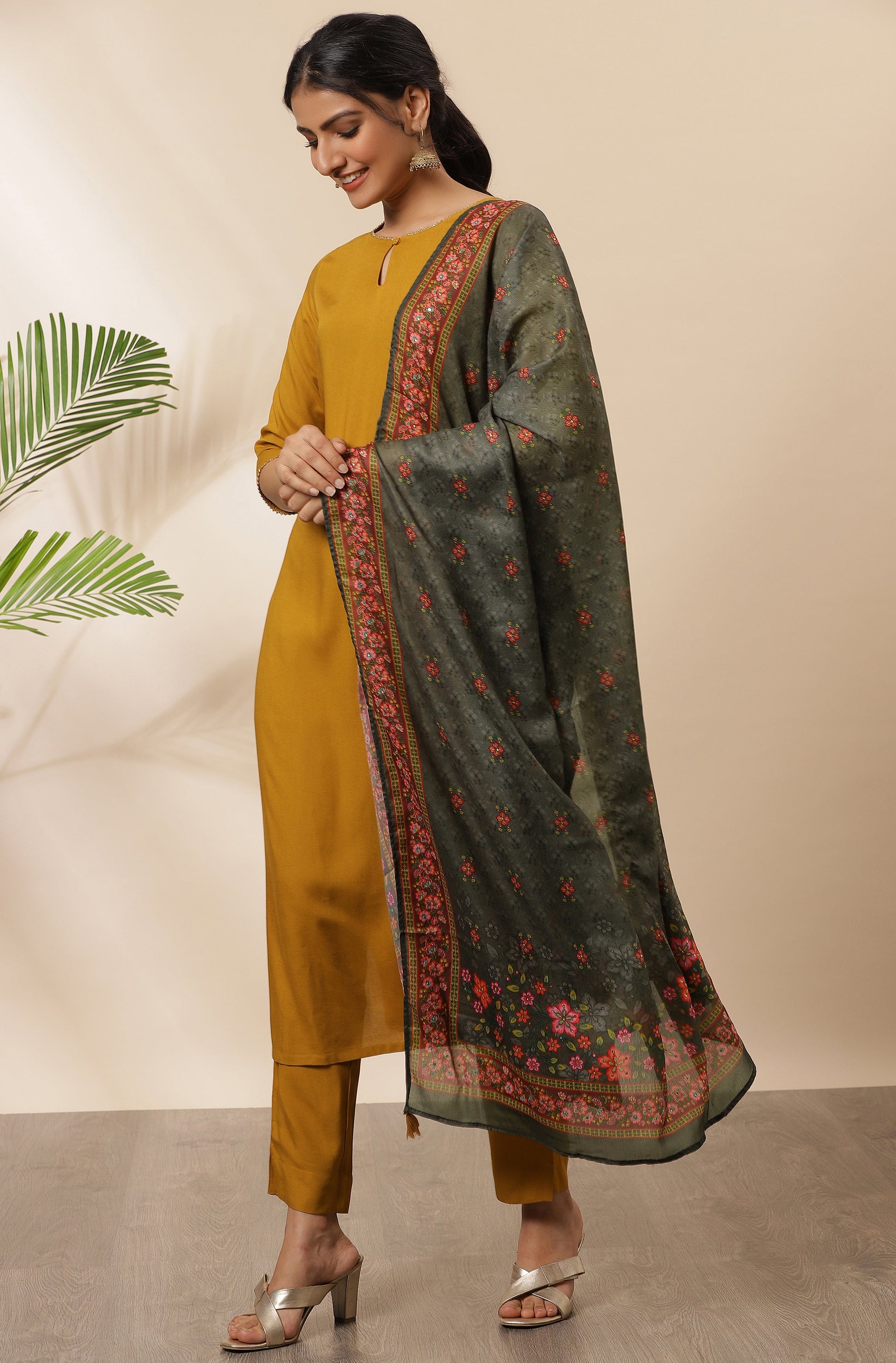 Janasya Women's Mustard Rayon Solid Kurta With Pant And Dupatta | Swadesiicart