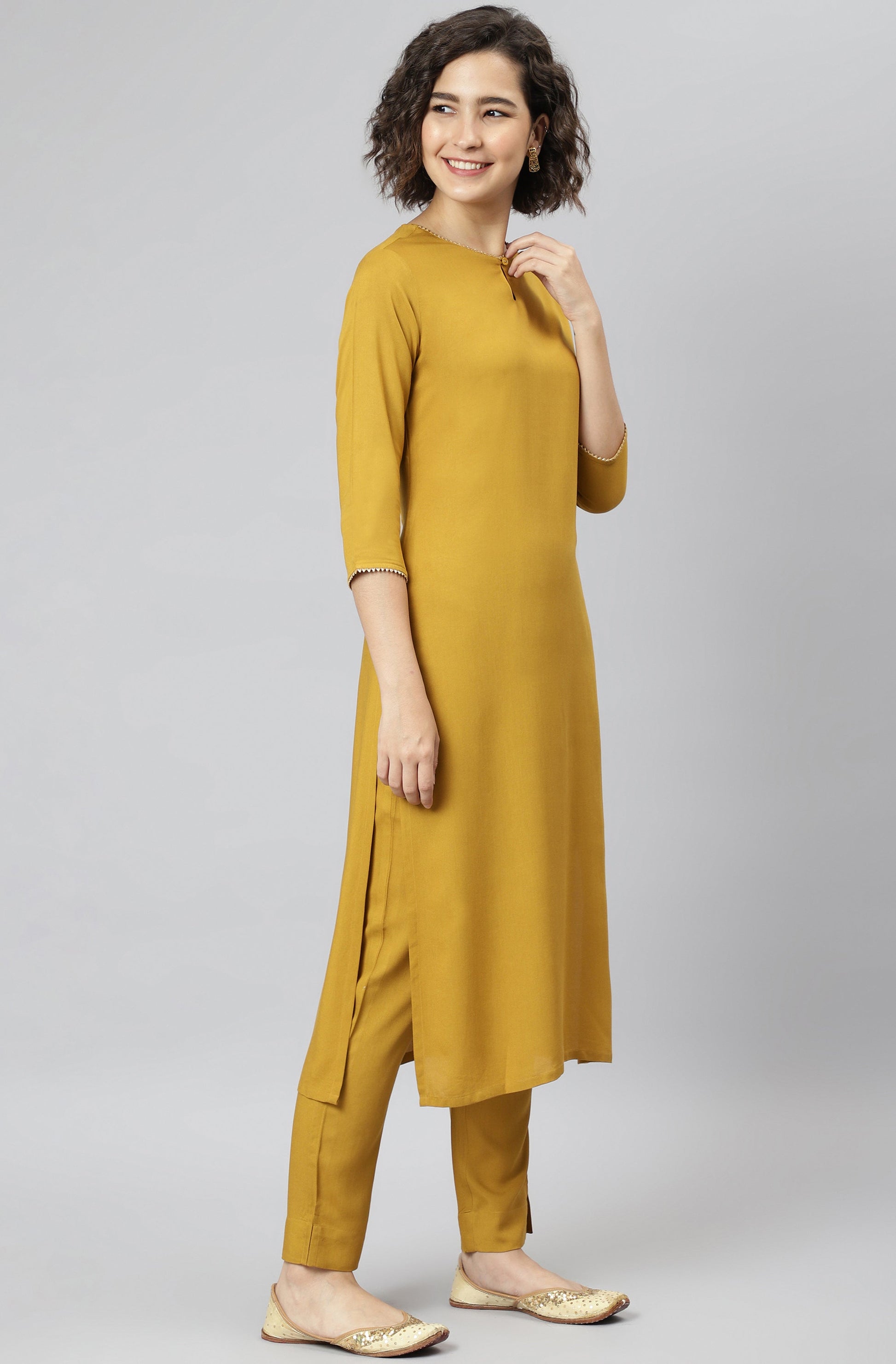 Janasya Women's Mustard Rayon Solid Kurta With Pant And Dupatta | Swadesiicart