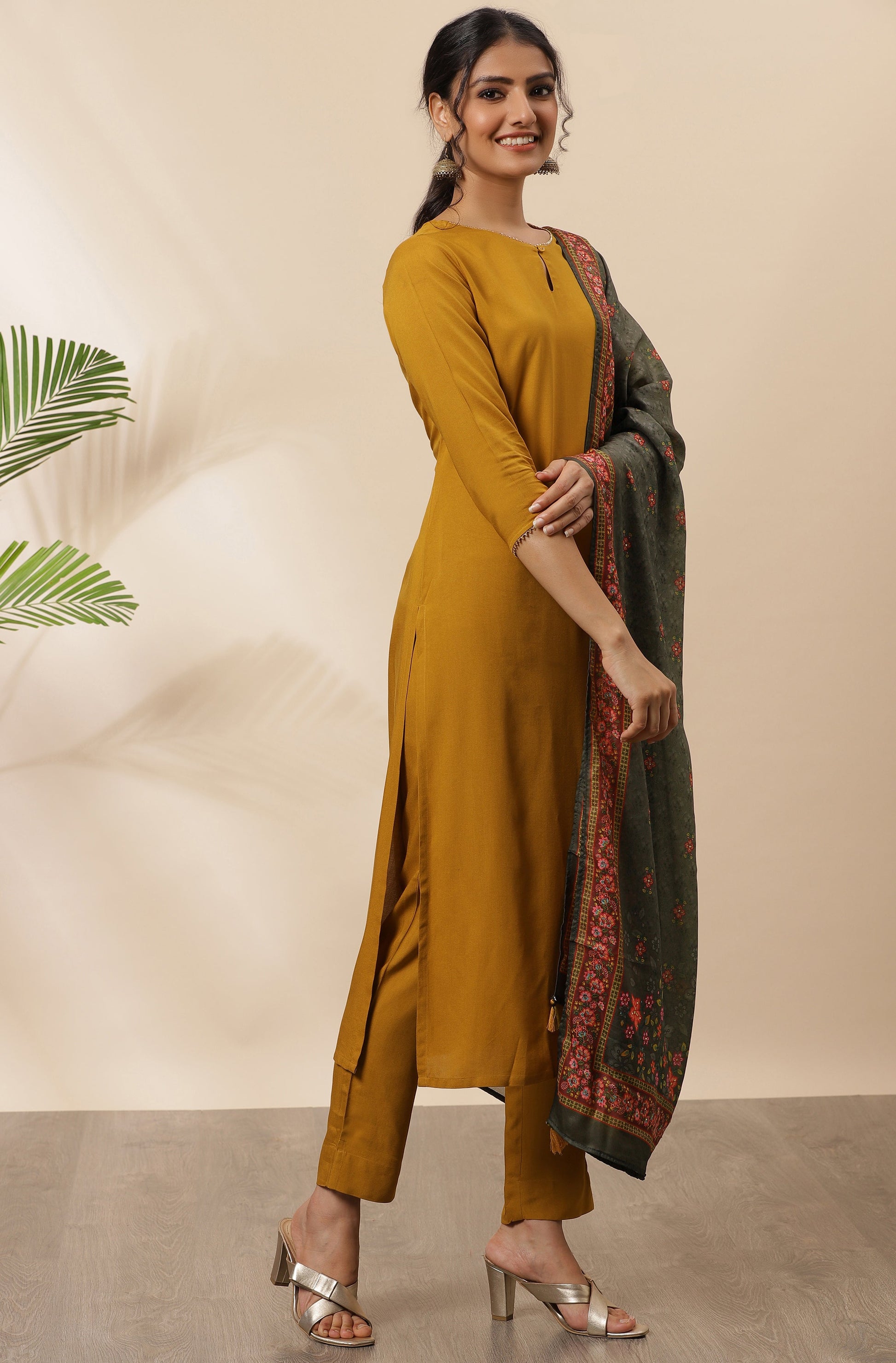 Janasya Women's Mustard Rayon Solid Kurta With Pant And Dupatta | Swadesiicart