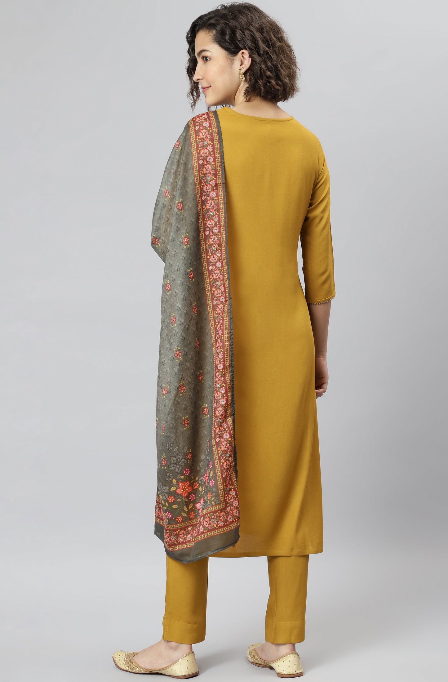 Janasya Women's Mustard Rayon Solid Kurta With Pant And Dupatta | Swadesiicart