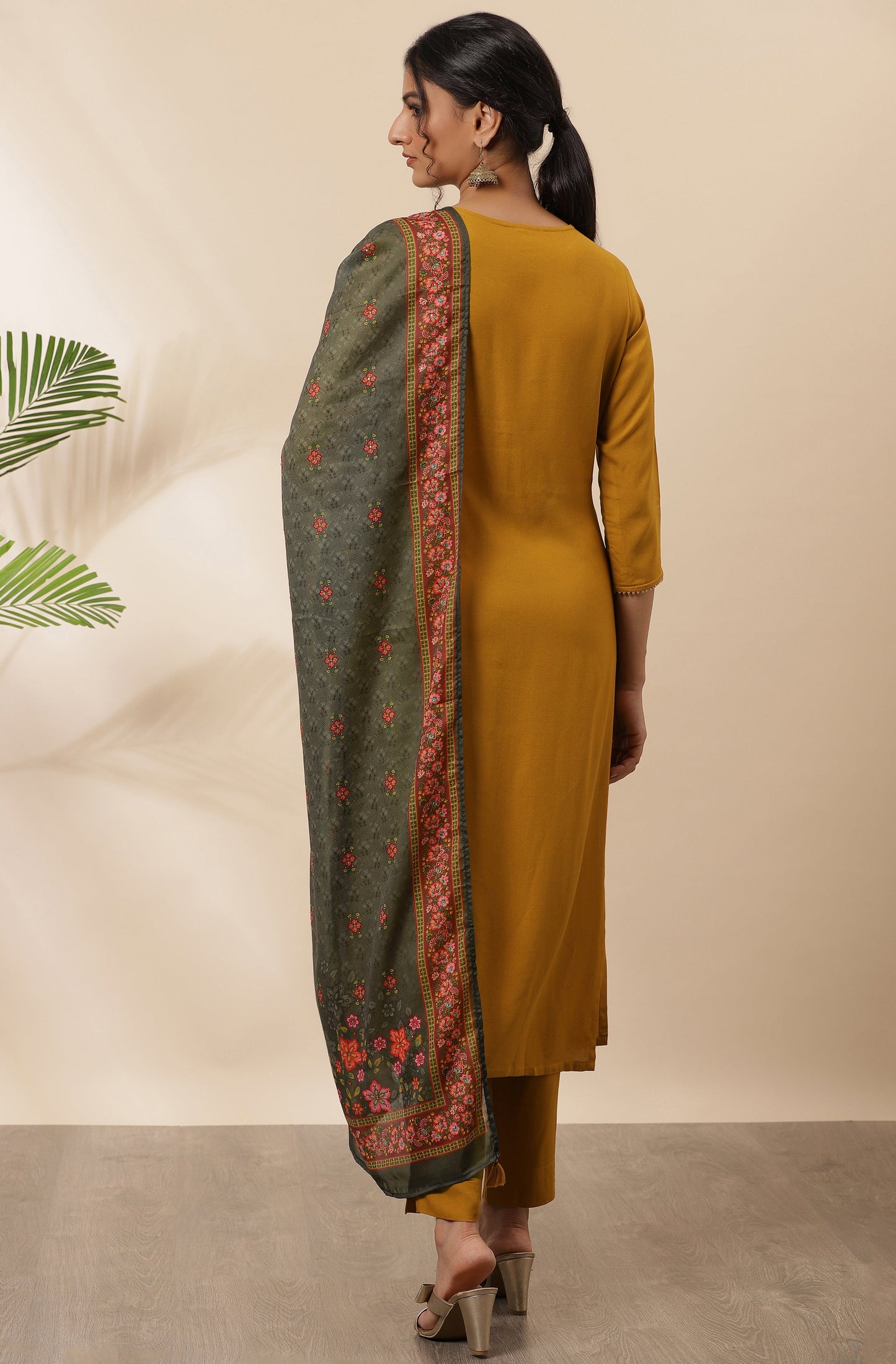 Janasya Women's Mustard Rayon Solid Kurta With Pant And Dupatta | Swadesiicart