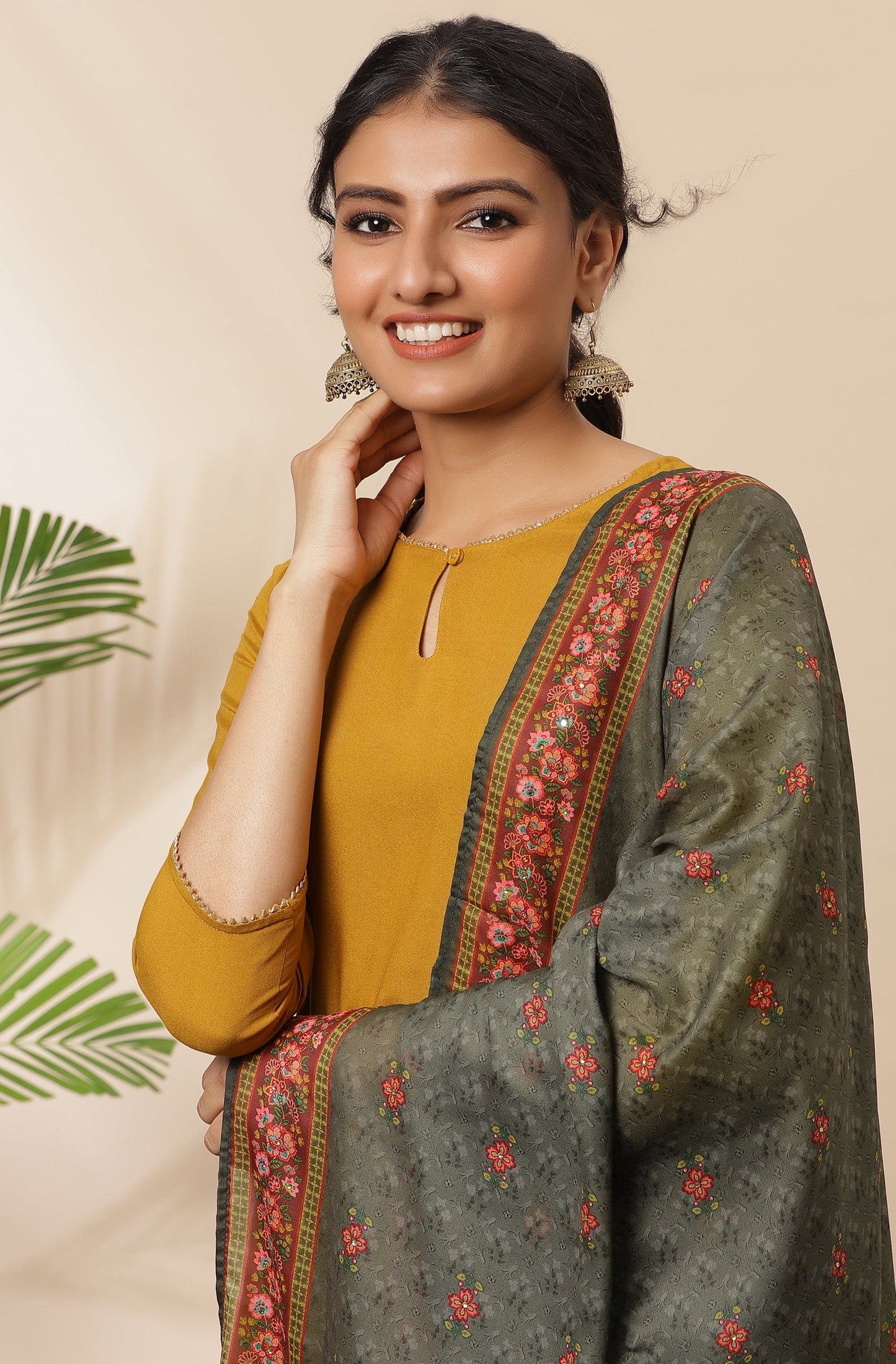 Janasya Women's Mustard Rayon Solid Kurta With Pant And Dupatta | Swadesiicart