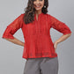 Janasya Women's Red Kota Doria Embellished Gathered Top | Swadesiicart