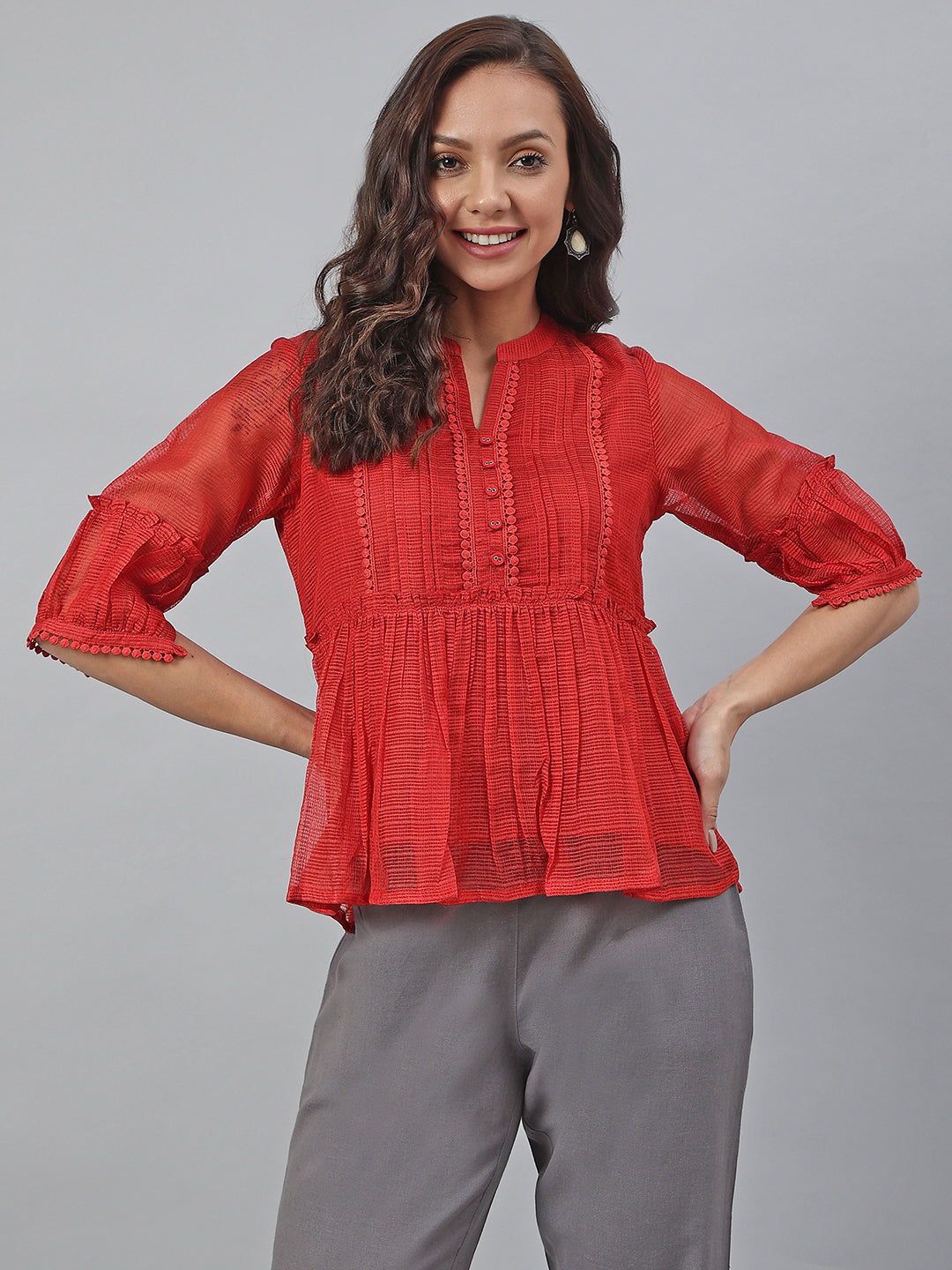Janasya Women's Red Kota Doria Embellished Gathered Top | Swadesiicart