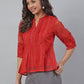 Janasya Women's Red Kota Doria Embellished Gathered Top | Swadesiicart