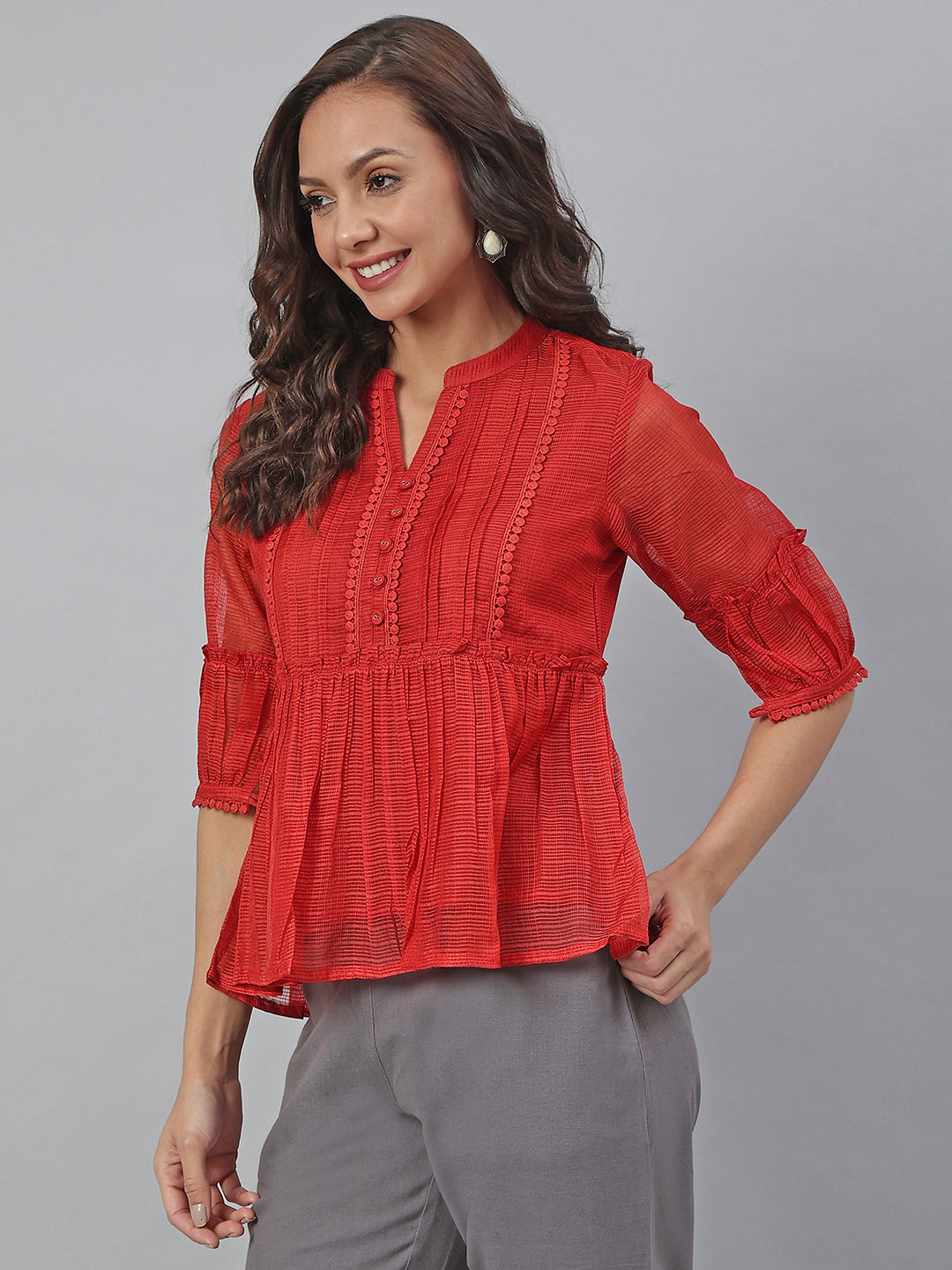 Janasya Women's Red Kota Doria Embellished Gathered Top | Swadesiicart