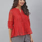 Janasya Women's Red Kota Doria Embellished Gathered Top | Swadesiicart