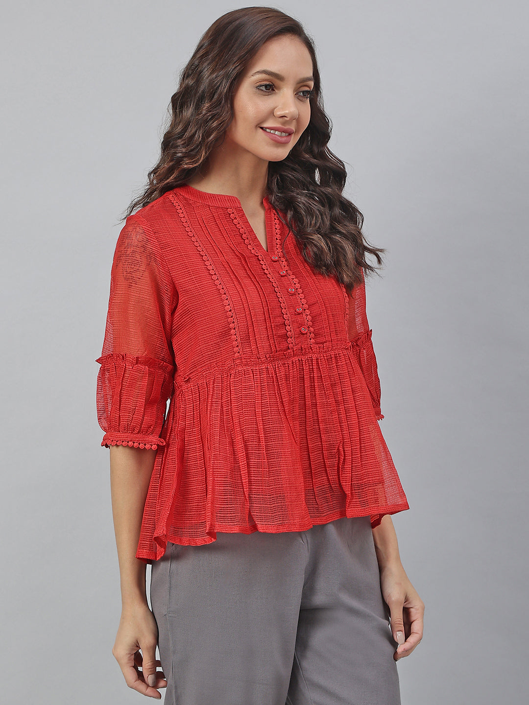 Janasya Women's Red Kota Doria Embellished Gathered Top | Swadesiicart