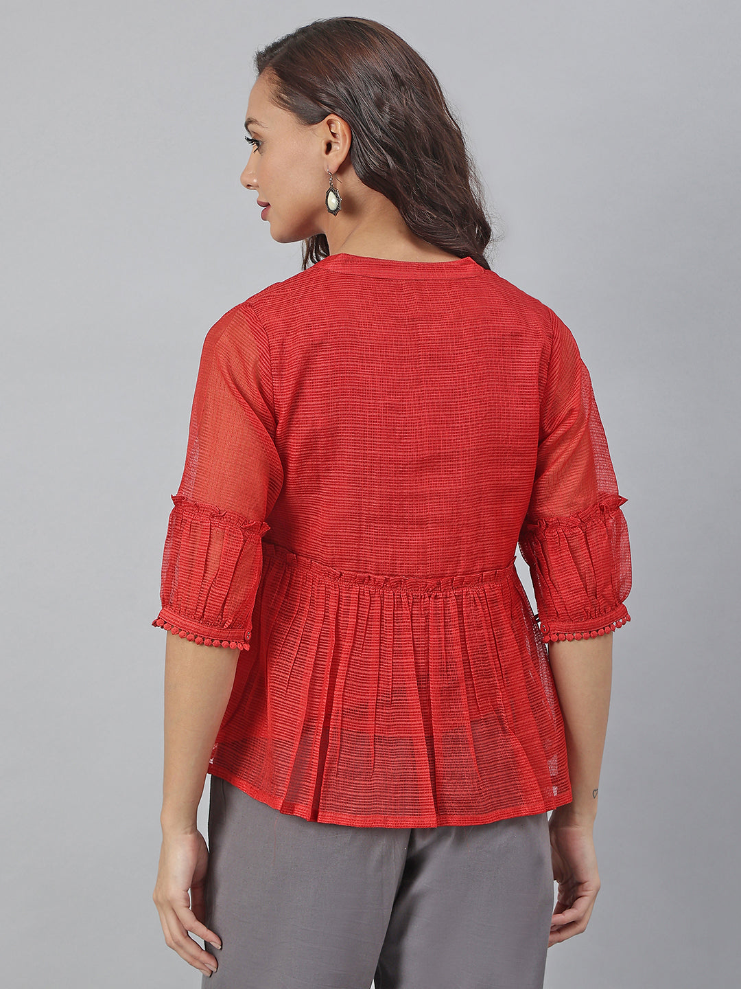 Janasya Women's Red Kota Doria Embellished Gathered Top | Swadesiicart