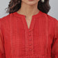 Janasya Women's Red Kota Doria Embellished Gathered Top | Swadesiicart