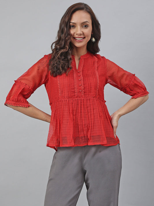 Janasya Women's Red Kota Doria Embellished Gathered Top | Swadesiicart