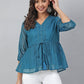 Janasya Women's Teal Kota Doria Solid Gathered Top | Swadesiicart