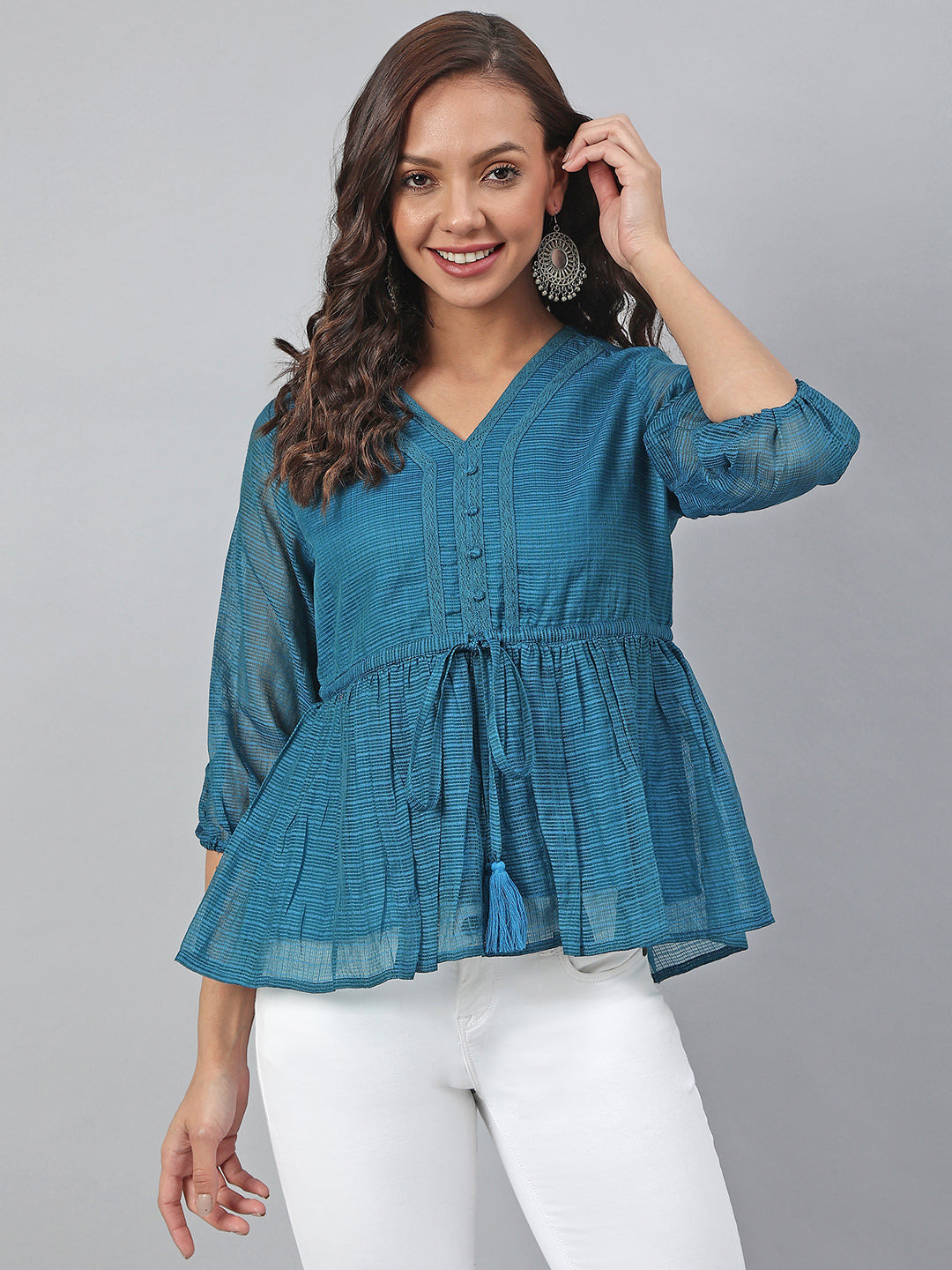 Janasya Women's Teal Kota Doria Solid Gathered Top | Swadesiicart