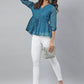 Janasya Women's Teal Kota Doria Solid Gathered Top | Swadesiicart