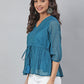 Janasya Women's Teal Kota Doria Solid Gathered Top | Swadesiicart