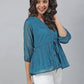 Janasya Women's Teal Kota Doria Solid Gathered Top | Swadesiicart