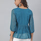 Janasya Women's Teal Kota Doria Solid Gathered Top | Swadesiicart