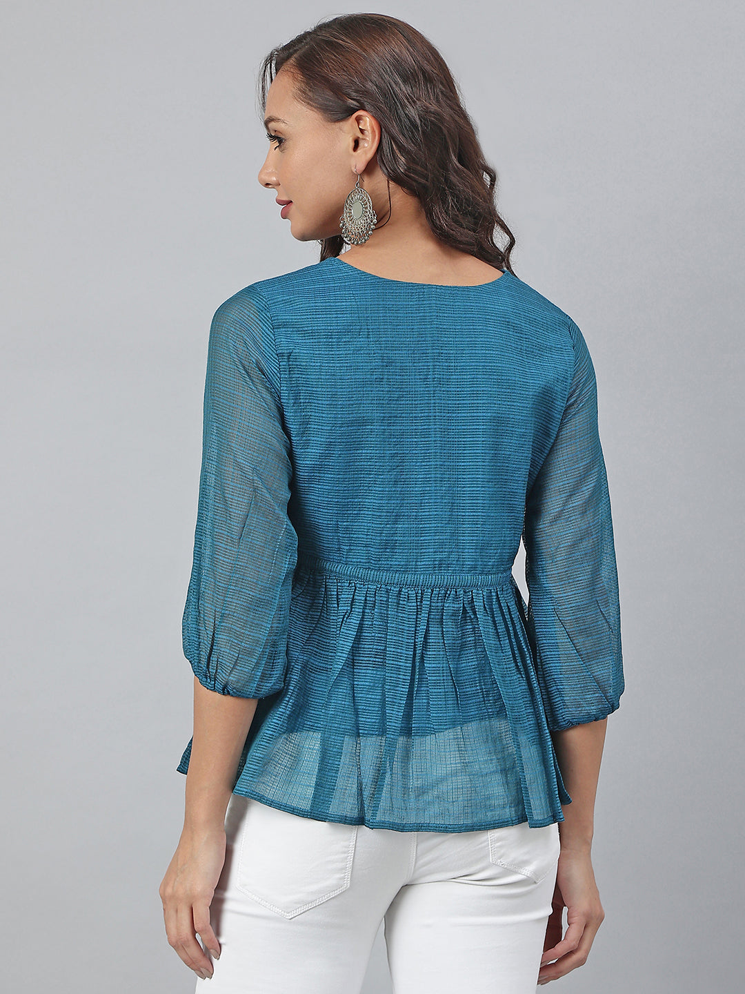 Janasya Women's Teal Kota Doria Solid Gathered Top | Swadesiicart