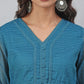 Janasya Women's Teal Kota Doria Solid Gathered Top | Swadesiicart