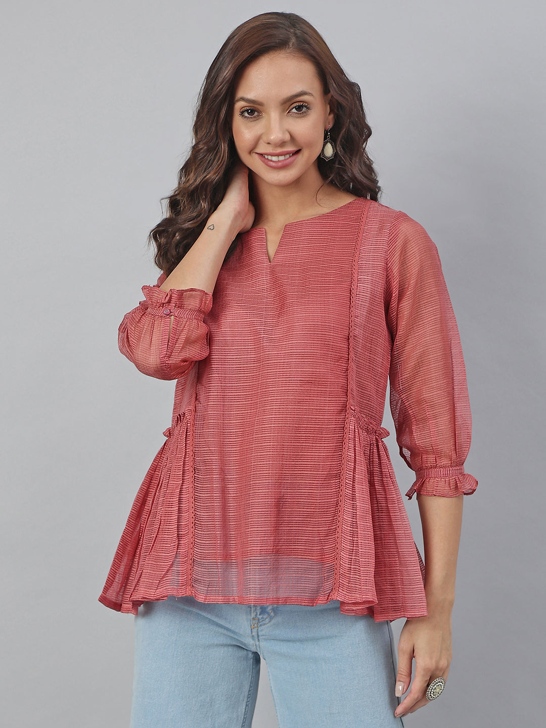 Janasya Women's Old Rose Kota Doria Solid Panelled Top | Swadesiicart