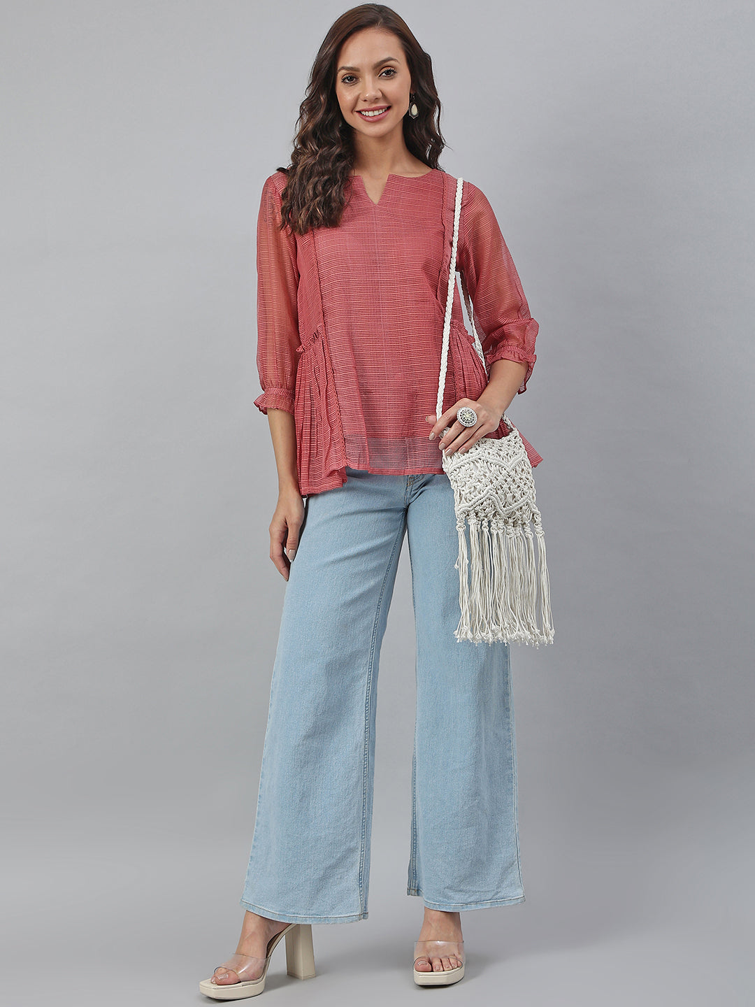 Janasya Women's Old Rose Kota Doria Solid Panelled Top | Swadesiicart