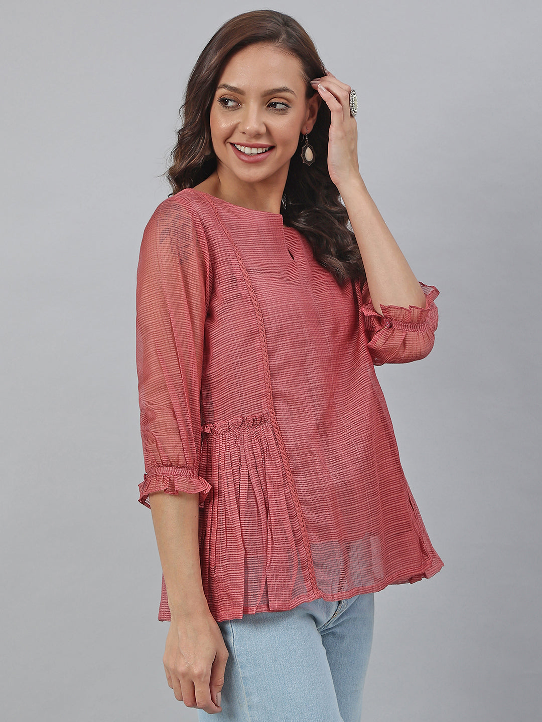 Janasya Women's Old Rose Kota Doria Solid Panelled Top | Swadesiicart