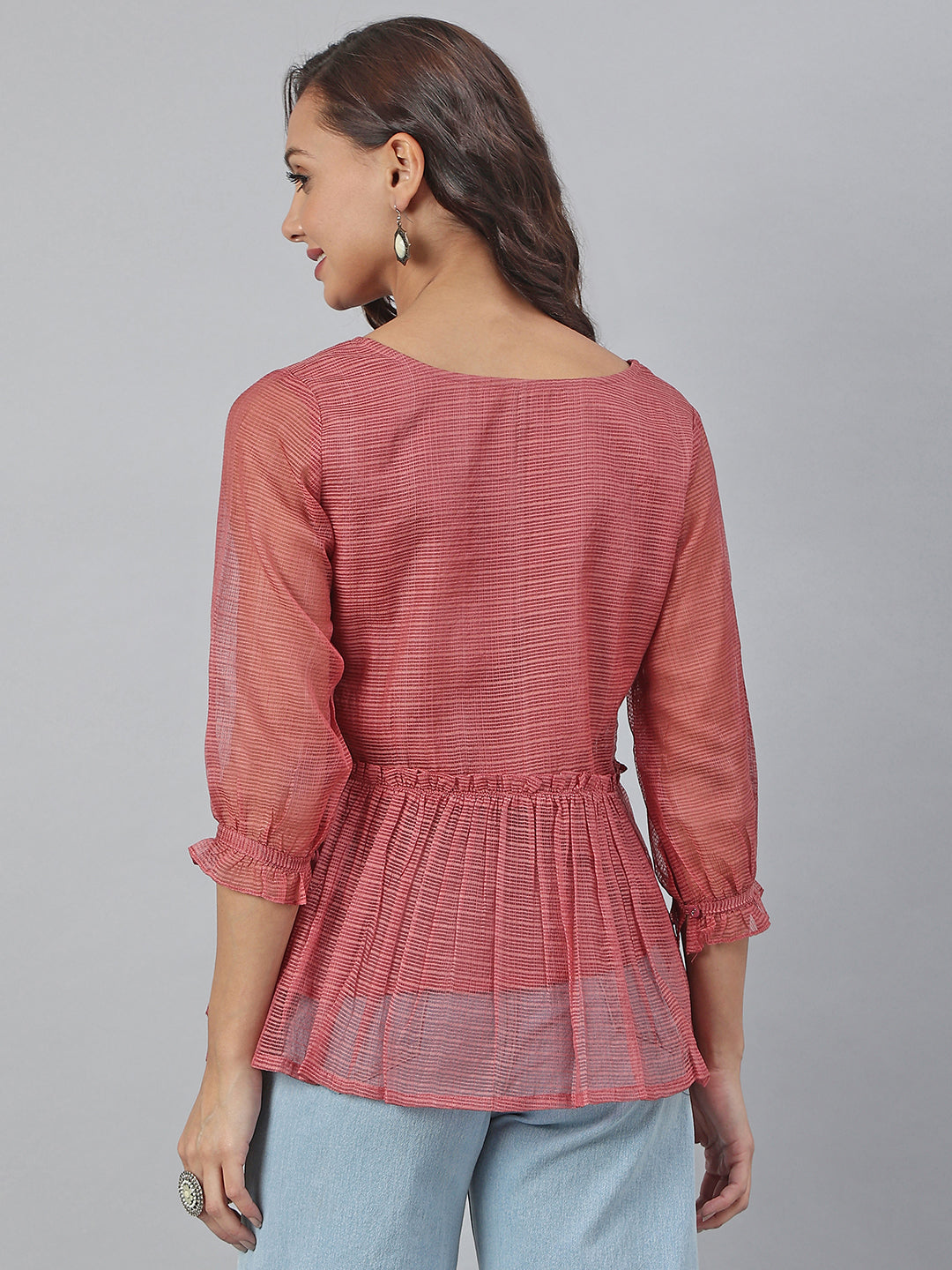 Janasya Women's Old Rose Kota Doria Solid Panelled Top | Swadesiicart