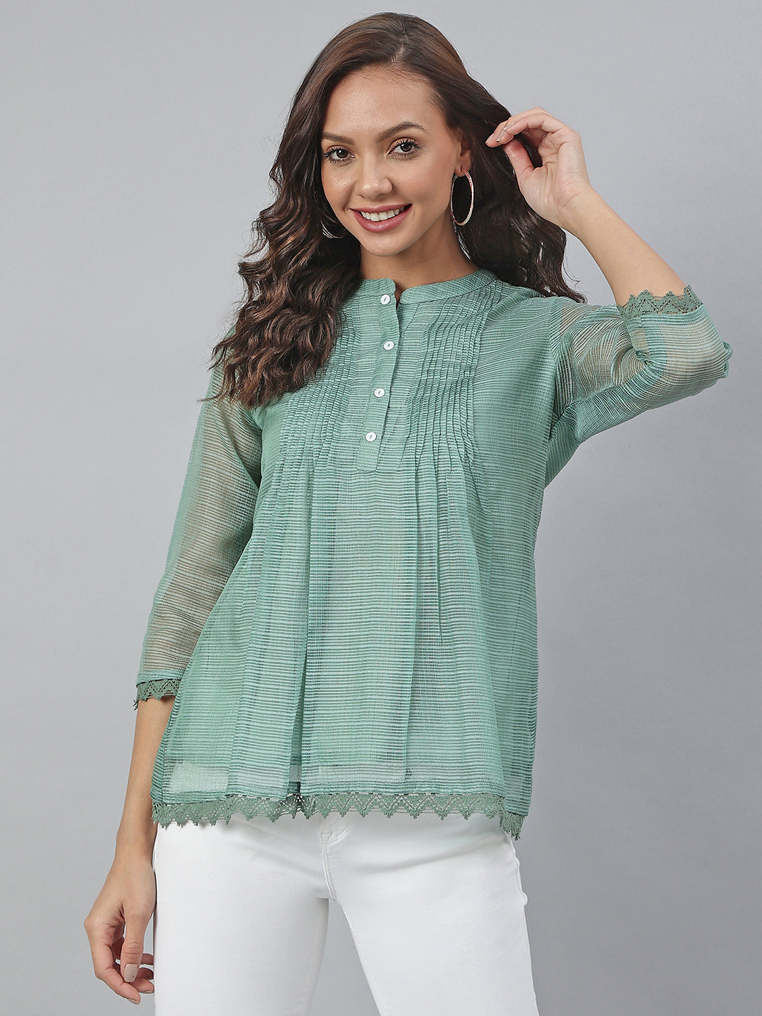 Janasya Women's Green Kota Doria Embellished Regular Top | Swadesiicart