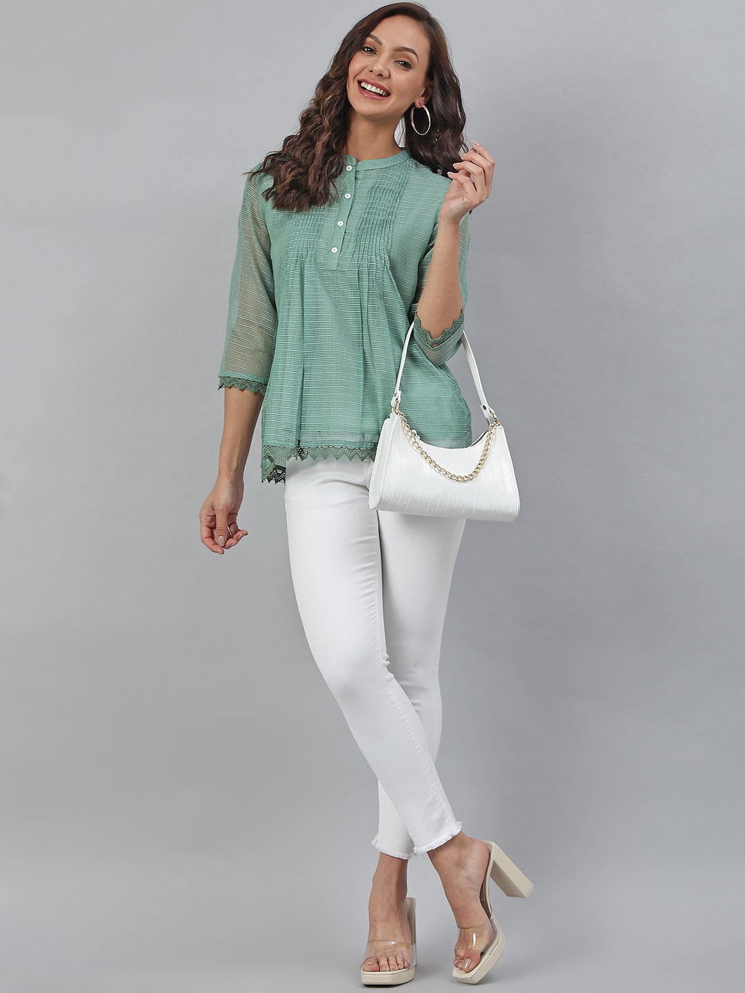 Janasya Women's Green Kota Doria Embellished Regular Top | Swadesiicart
