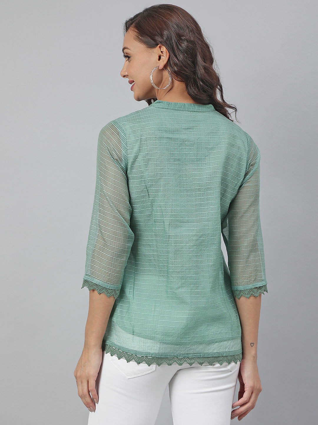 Janasya Women's Green Kota Doria Embellished Regular Top | Swadesiicart
