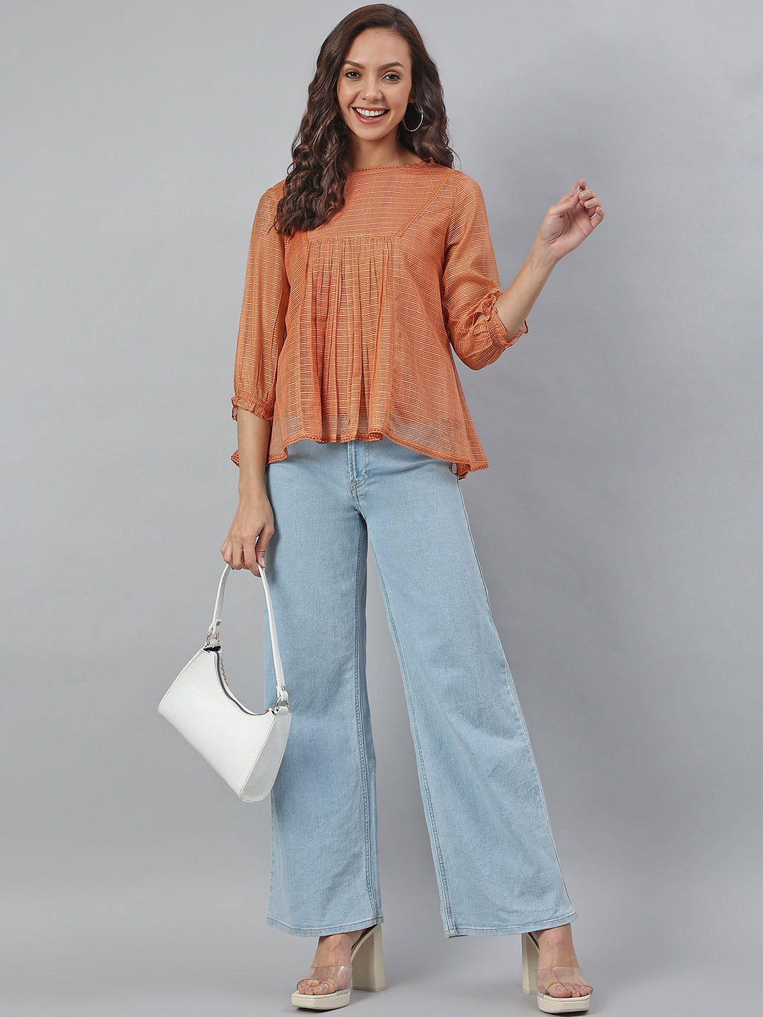 Janasya Women's Rust Kota Doria Solid Panelled Top | Swadesiicart