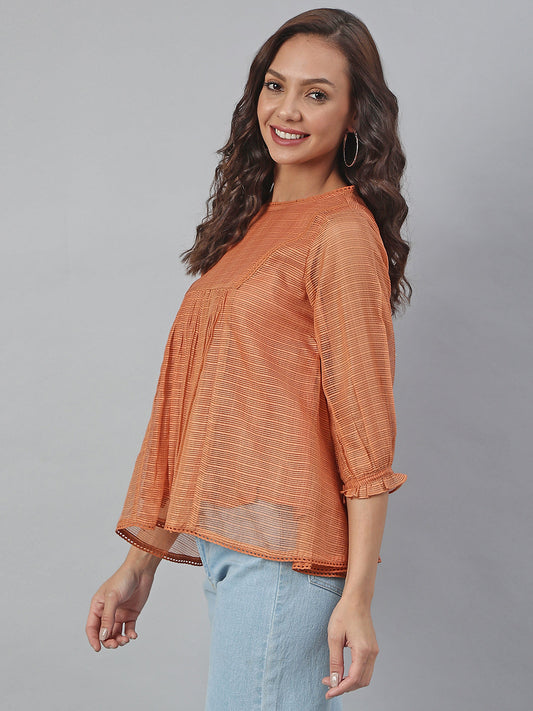 Janasya Women's Rust Kota Doria Solid Panelled Top | Swadesiicart