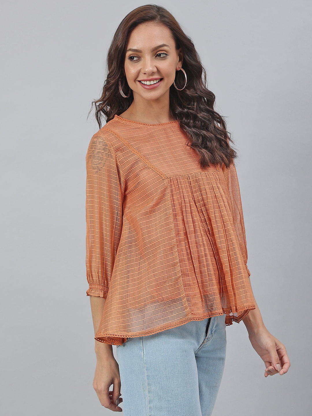 Janasya Women's Rust Kota Doria Solid Panelled Top | Swadesiicart