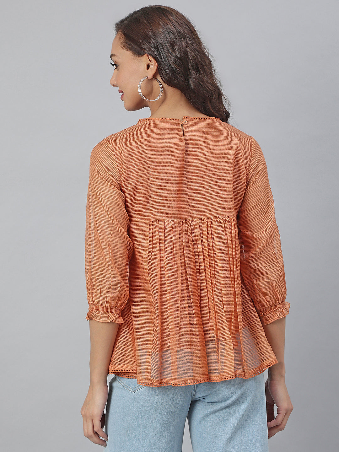 Janasya Women's Rust Kota Doria Solid Panelled Top | Swadesiicart