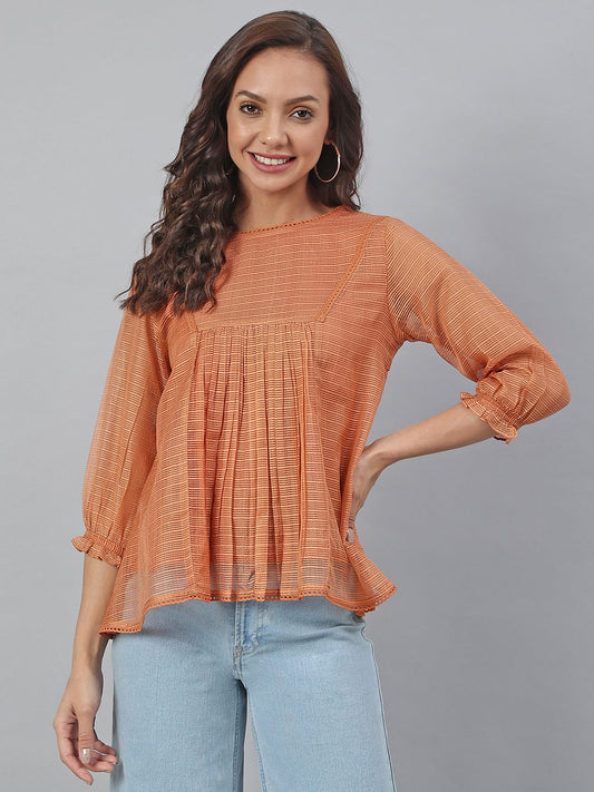 Janasya Women's Rust Kota Doria Solid Panelled Top | Swadesiicart