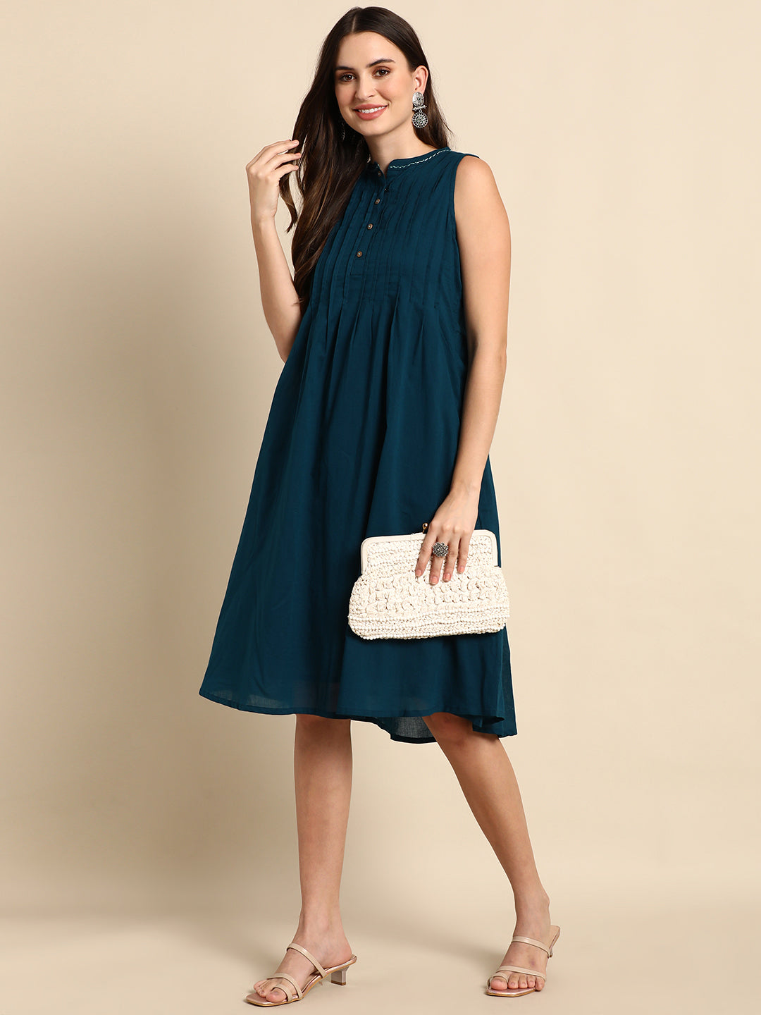 Janasya Women's Teal Cotton Solid A-line Western Dress | Swadesiicart