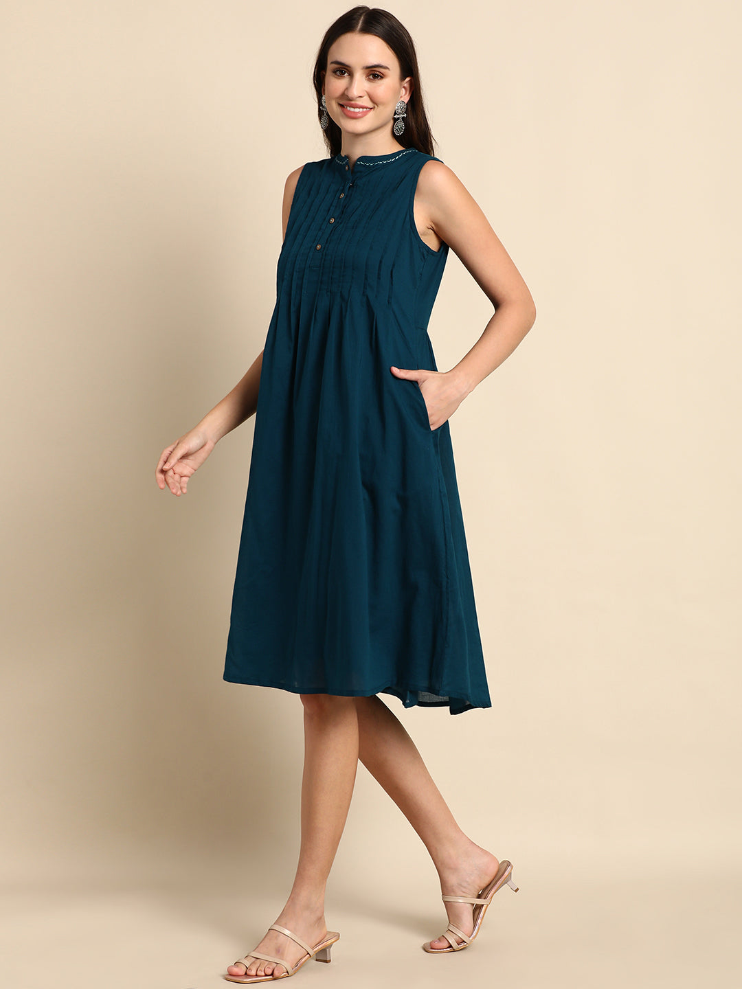 Janasya Women's Teal Cotton Solid A-line Western Dress | Swadesiicart