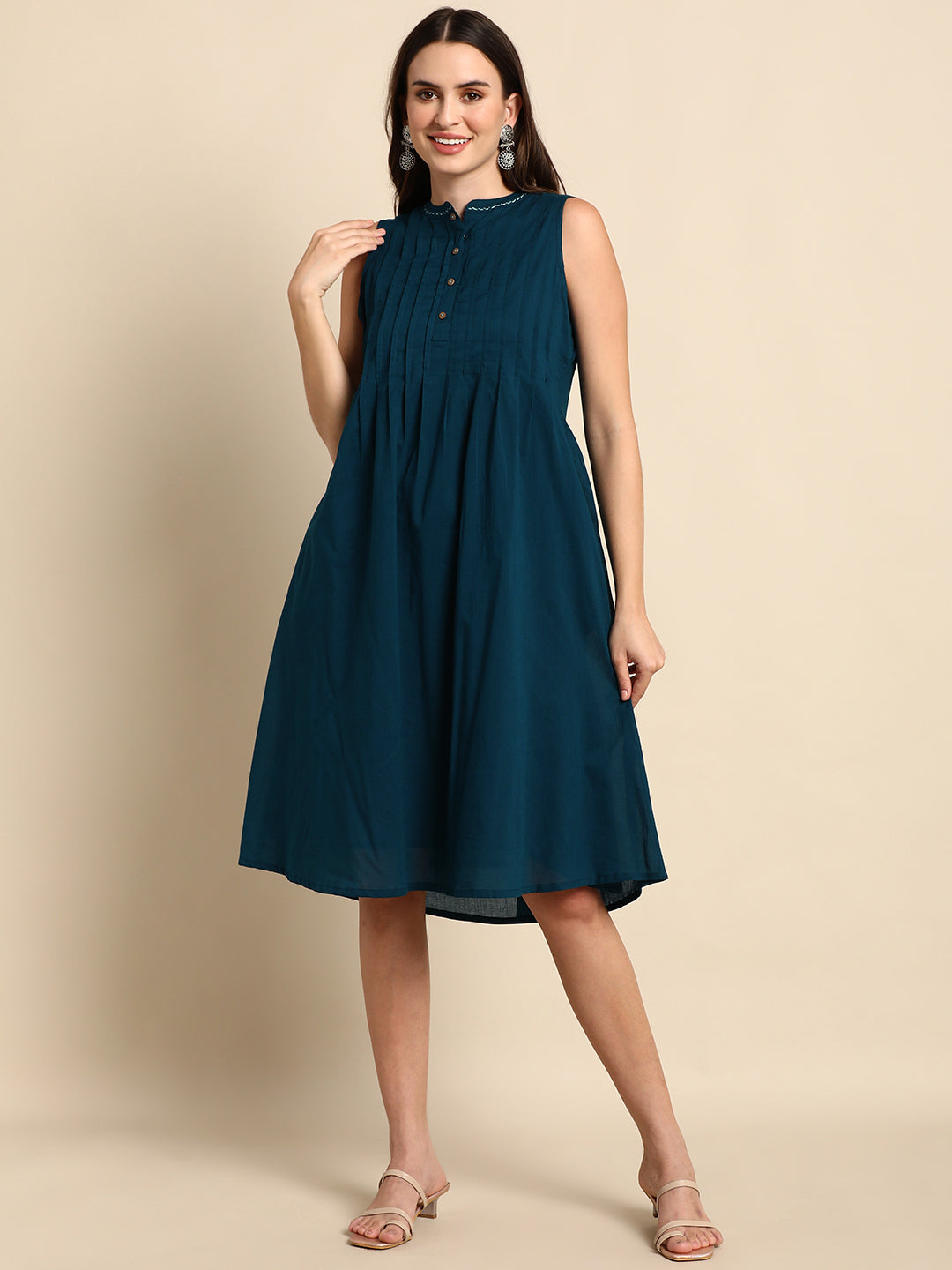 Janasya Women's Teal Cotton Solid A-line Western Dress | Swadesiicart