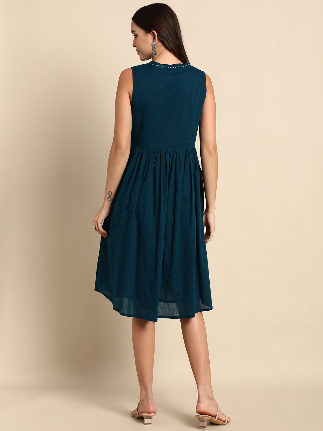 Janasya Women's Teal Cotton Solid A-line Western Dress | Swadesiicart