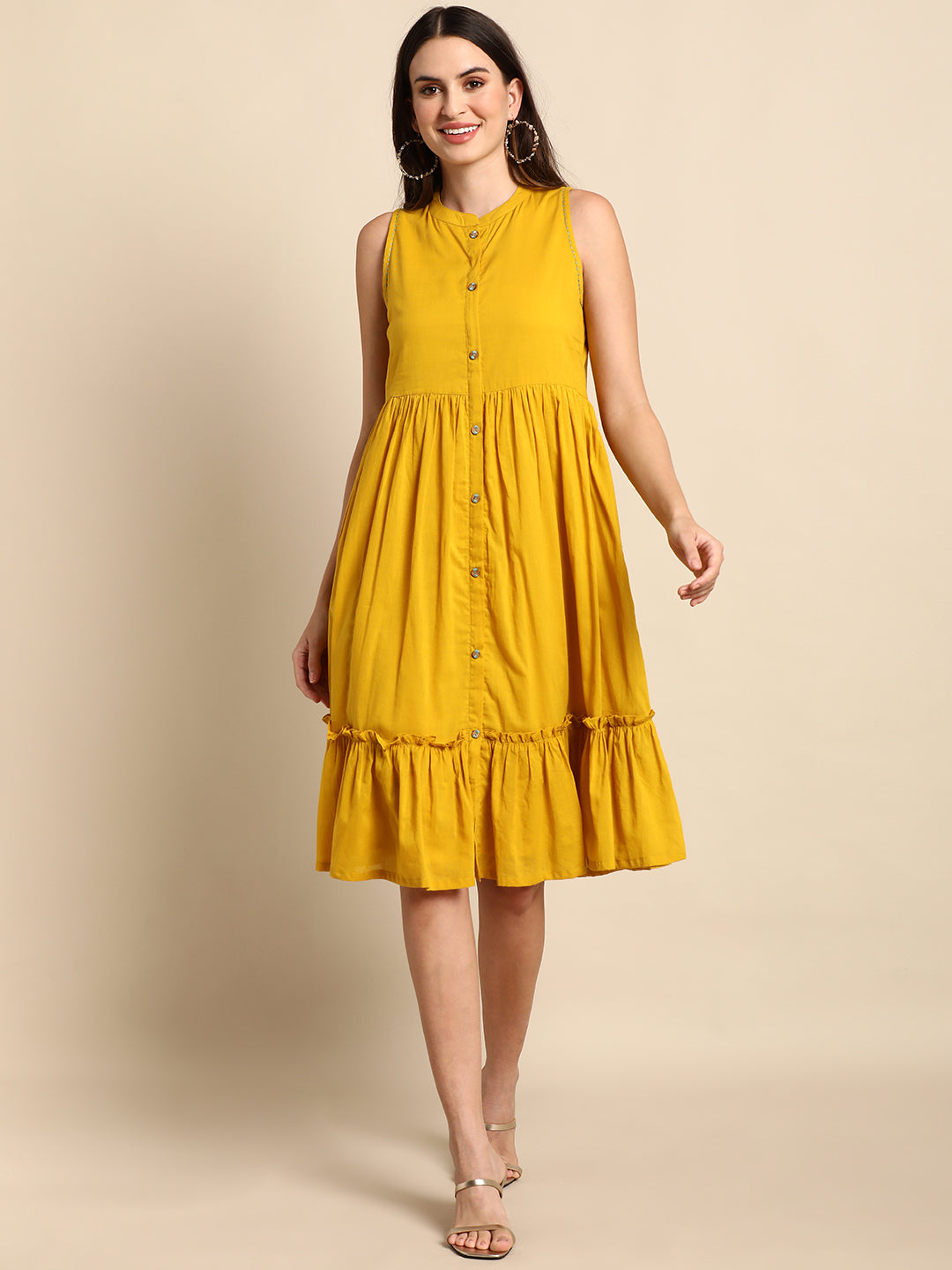 Janasya Women's Mustard Cotton Solid Flared Western Dress | Swadesiicart