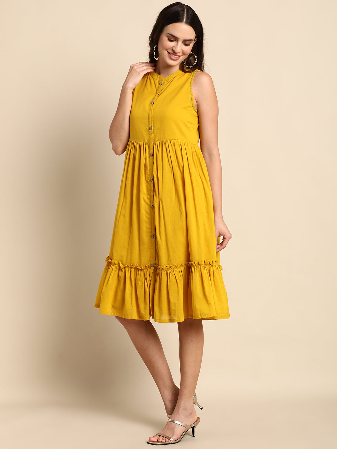 Janasya Women's Mustard Cotton Solid Flared Western Dress | Swadesiicart